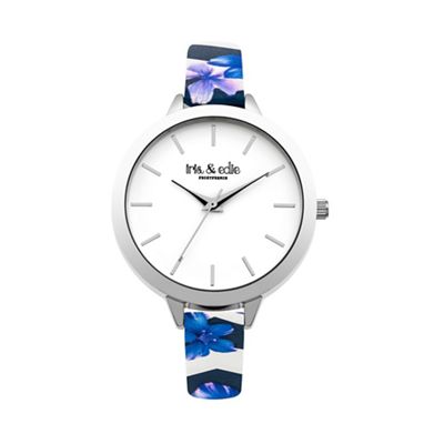 Ladies blue floral skinny strap watch